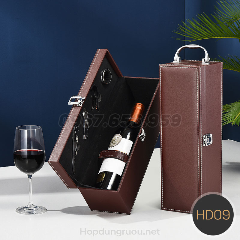 hộp da đựng rượu vang hd09 nâu