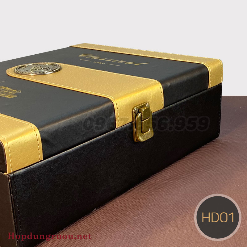 Hộp quà rượu vang biếu tết HD01, tặng bộ mở rượu thông minh 4 Hộp quà rượu vang HD01